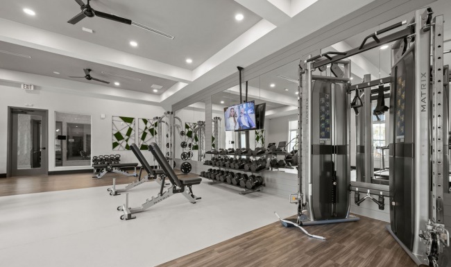 Fitness Center Fitness Studio with free weights and punching bag.