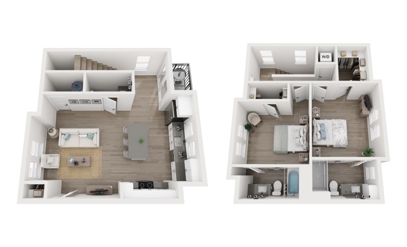 TH1 - 2 bedroom floorplan layout with 2.5 bathrooms and 1262 square feet